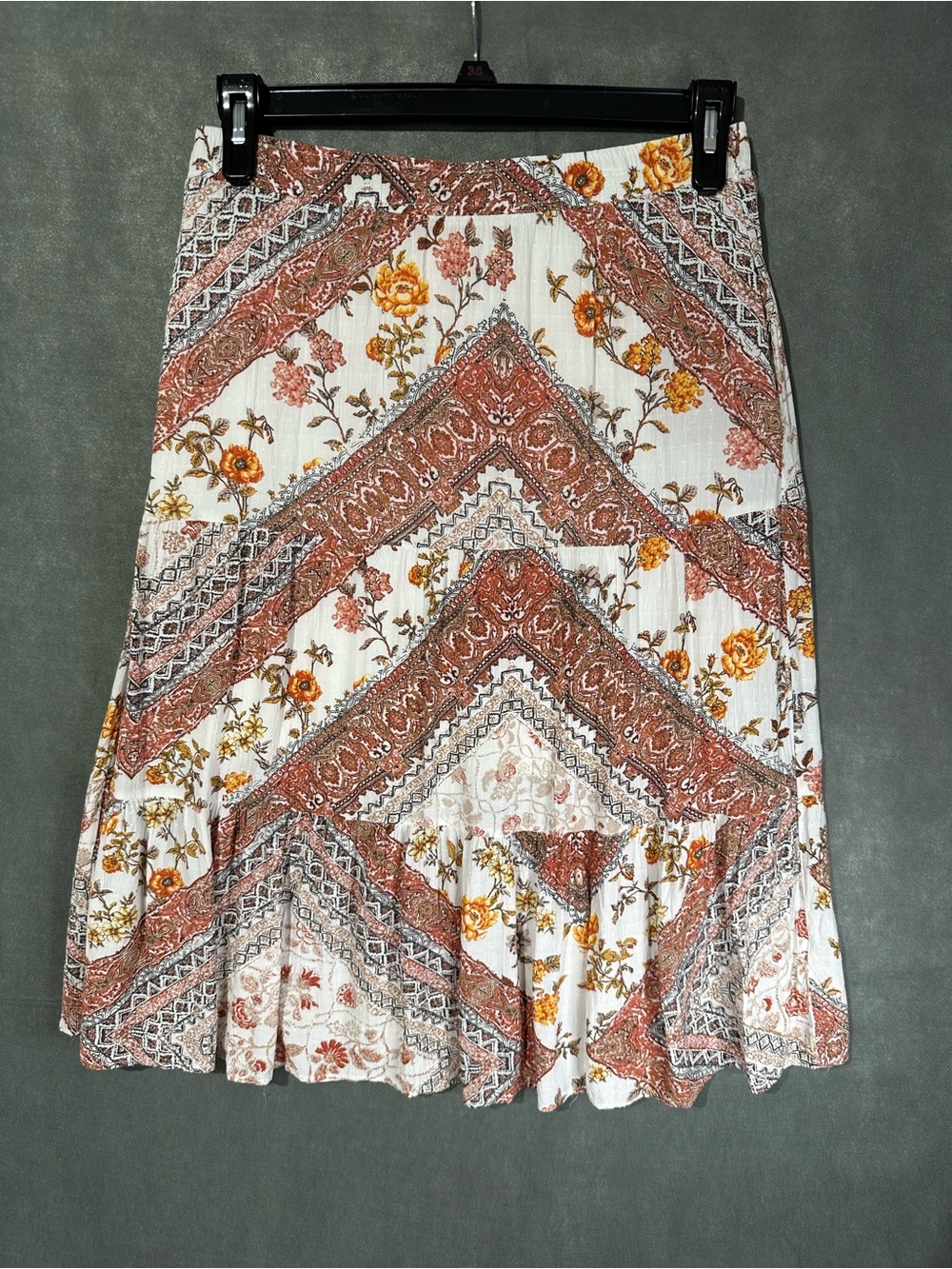 Bohemian Floral Chevron Midi Skirt in Ivory and Rust